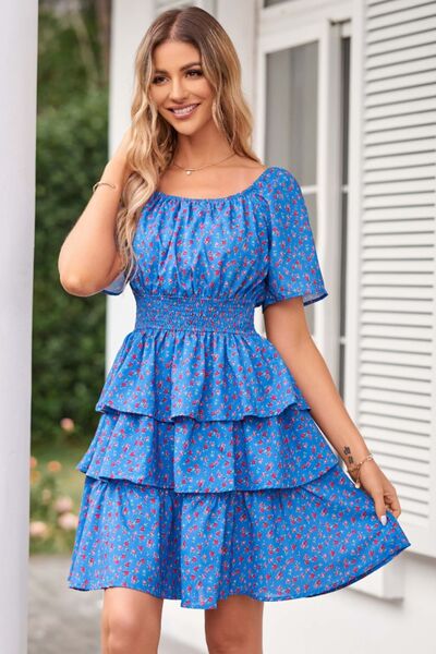 Floral Smocked Short Sleeve Layered Dress |1mrk.com