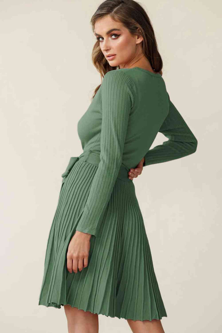 Surplice Neck Tie Waist Pleated Dress |1mrk.com