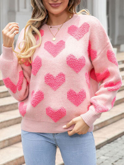 Heart Round Neck Dropped Shoulder Sweater |1mrk.com