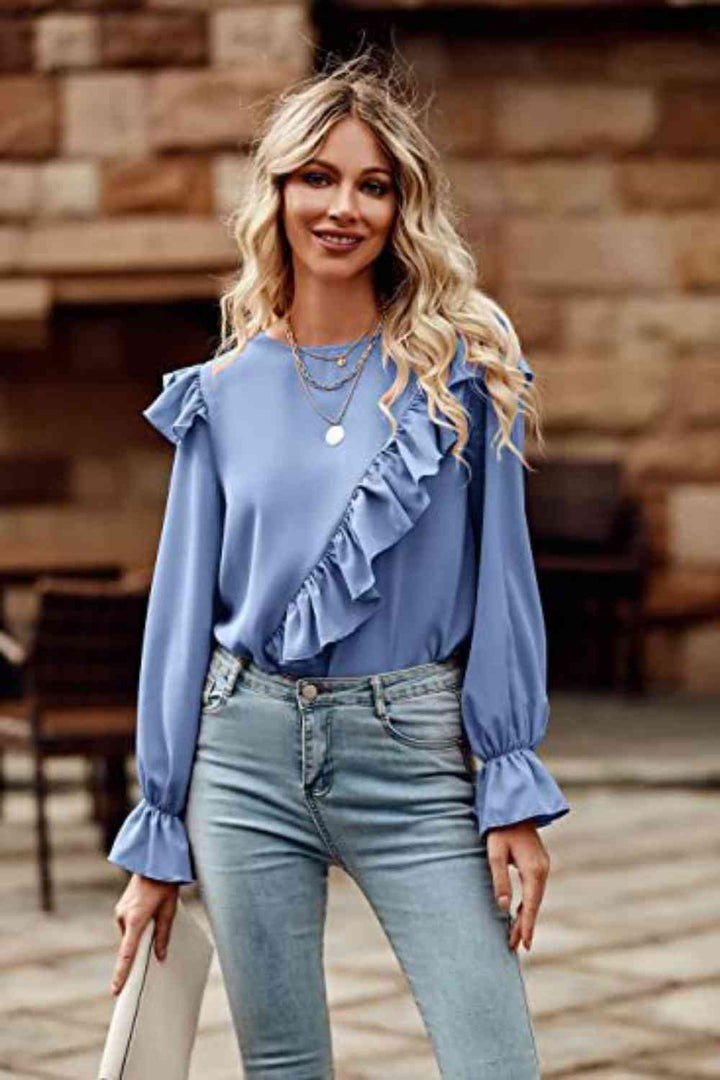 Ruffled Round Neck Long Sleeve Top | 1mrk.com