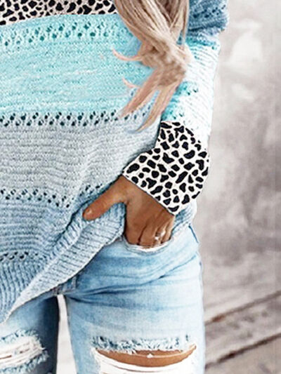 Full Size Openwork Leopard Drawstring Hooded Sweater |1mrk.com