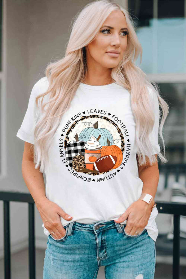 Pumpkin Graphic Round Neck Cuffed T-Shirt | 1mrk.com