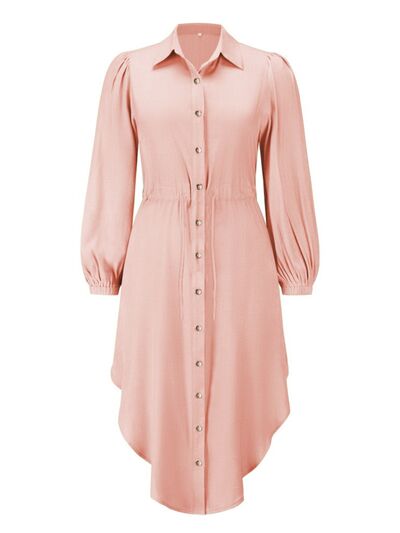 Drawstring Button Up Balloon Sleeve Dress |1mrk.com