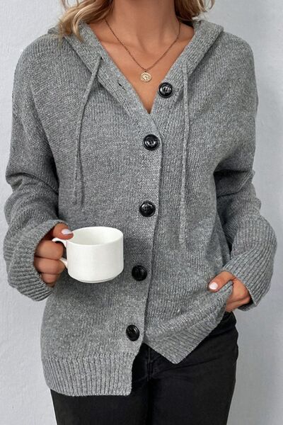 Drawstring Button Up Hooded Cardigan |1mrk.com