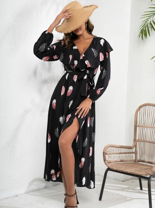 Printed Tie Front Ruffle Trim Long Sleeve Dress |1mrk.com