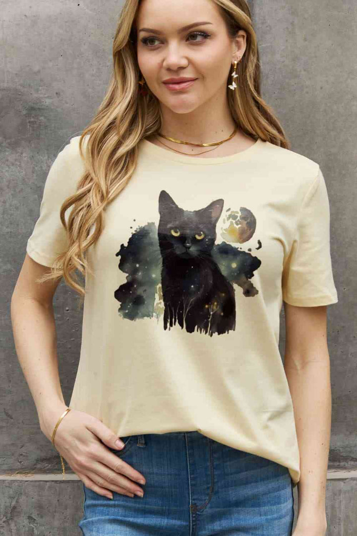 Simply Love Full Size Black Cat Graphic Cotton Tee | 1mrk.com