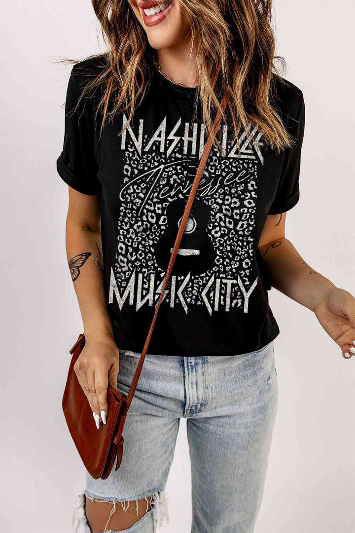 Graphic Cuffed Sleeve Round Neck Tee | 1mrk.com