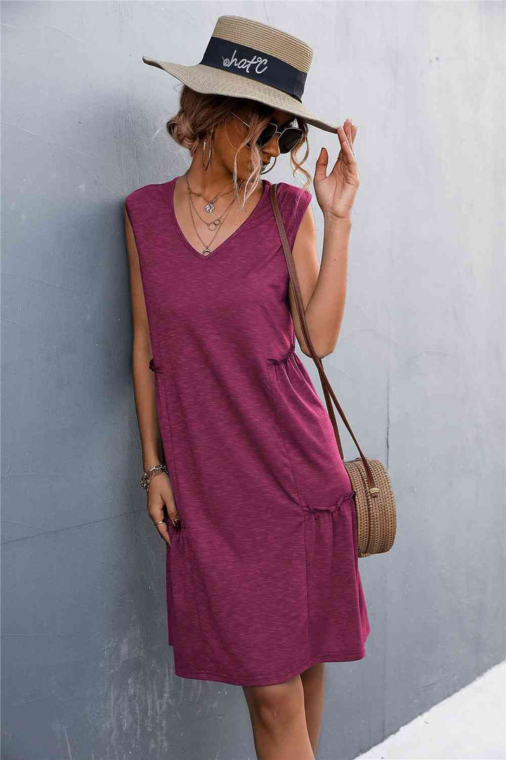 V-Neck Frill Trim Sleeveless Dress |1mrk.com