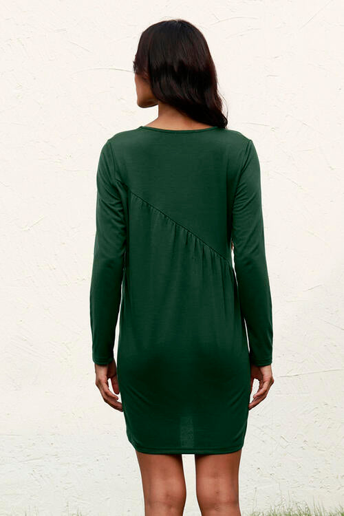 Ruched Round Neck Long Sleeve Dress | 1mrk.com