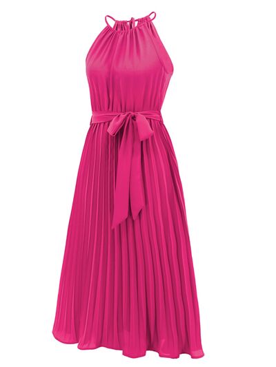 Pleated Spaghetti Strap Tie Waist Midi Dress |1mrk.com