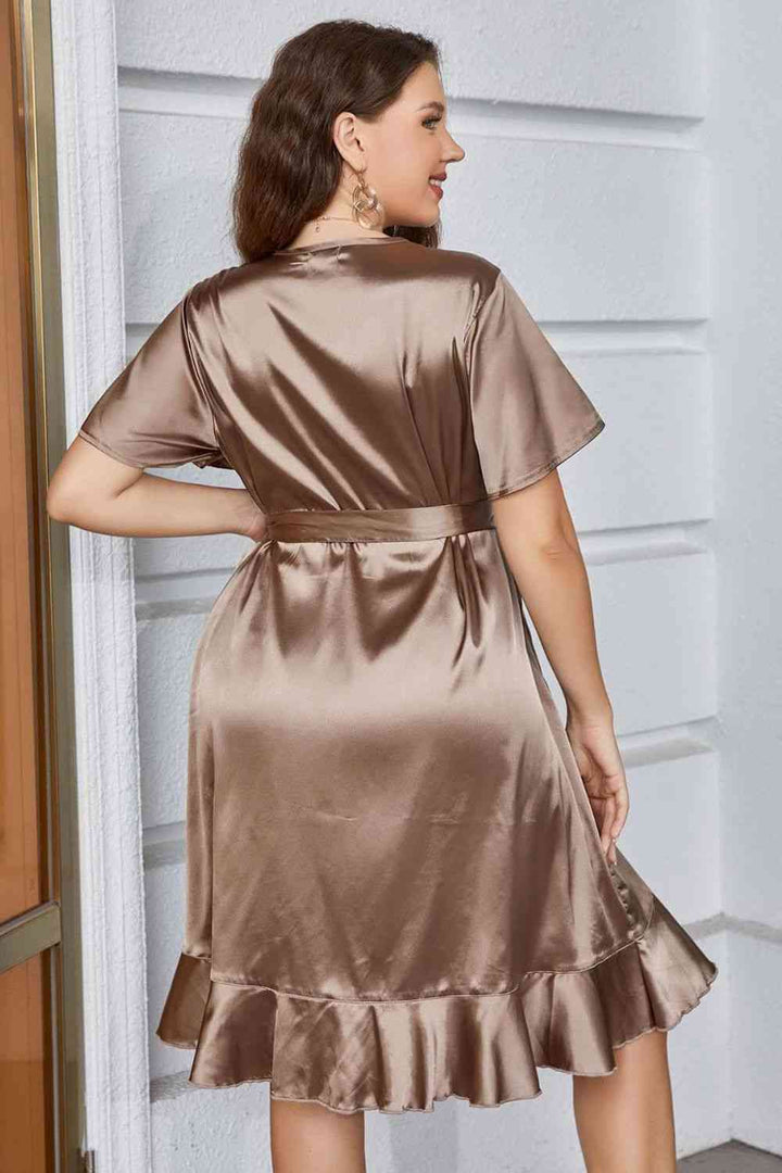 Plus Size Belted Ruffled Surplice Dress | 1mrk.com