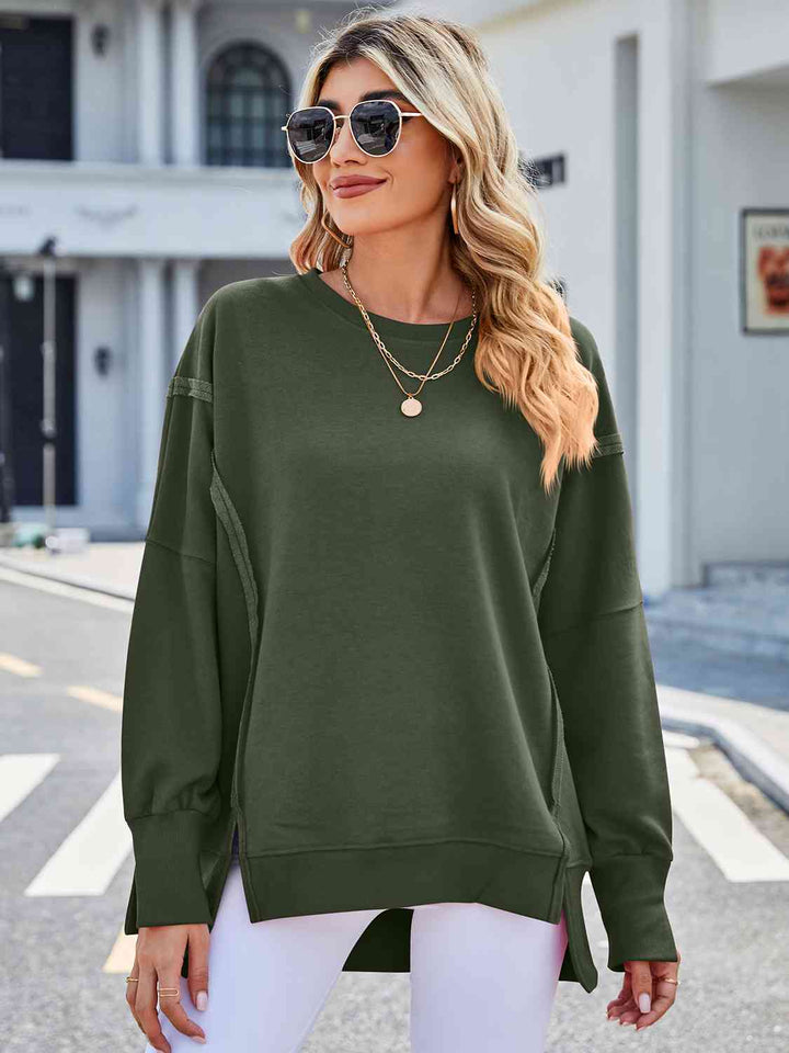 Exposed Seam High-Low Round Neck Sweatshirt |1mrk.com