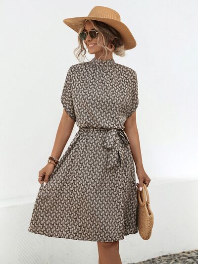 Tied Printed Mock Neck Short Sleeve Dress |1mrk.com