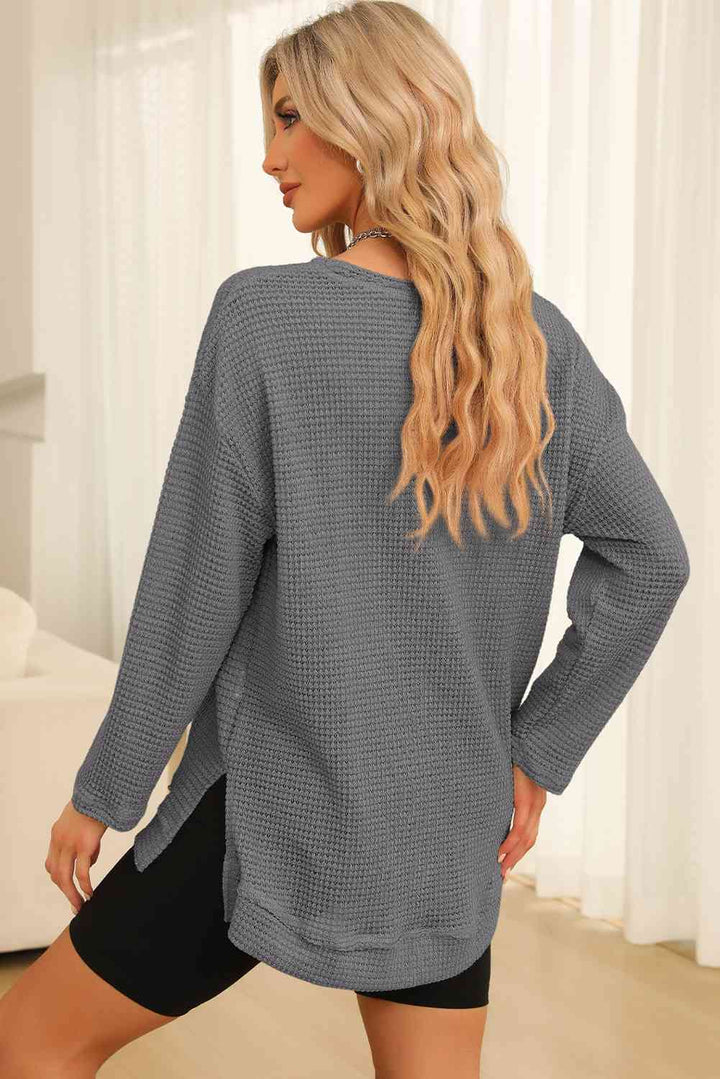 Waffle-Knit Round Neck Long Sleeve Sweatshirt | 1mrk.com