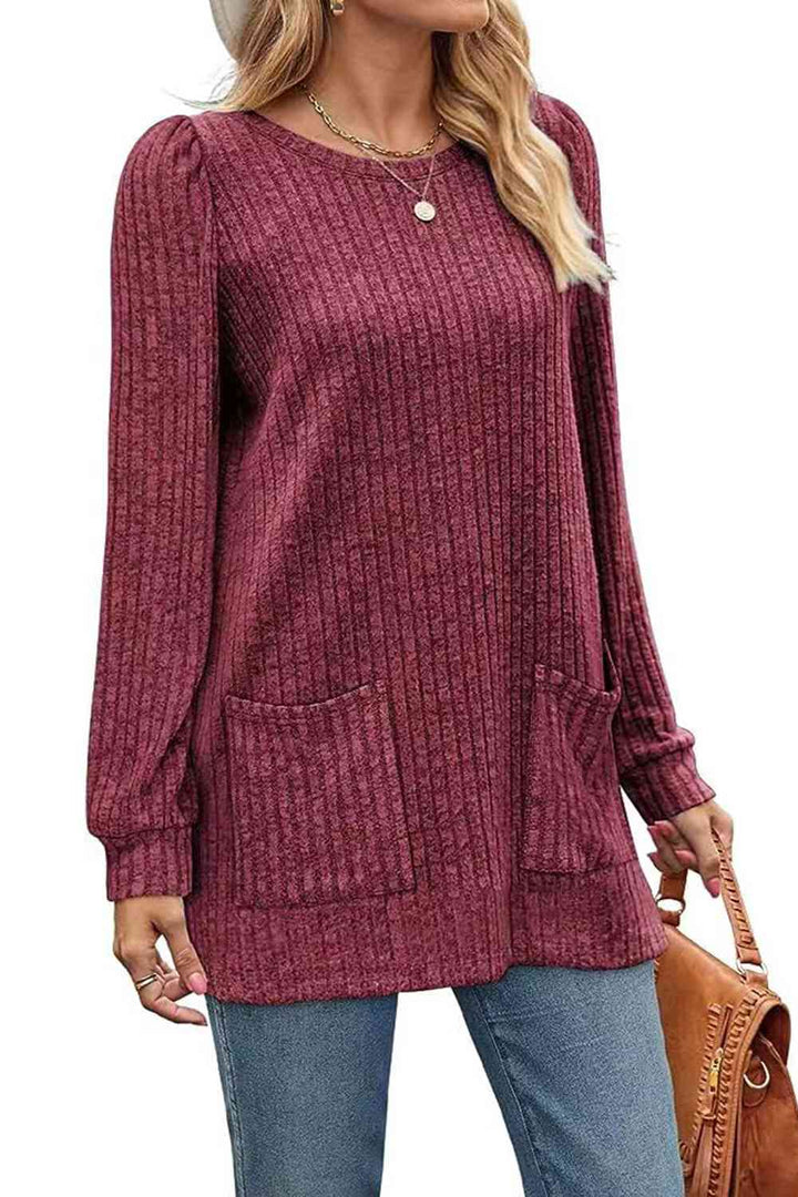 Ribbed Round Neck Long Sleeve T-Shirt | 1mrk.com