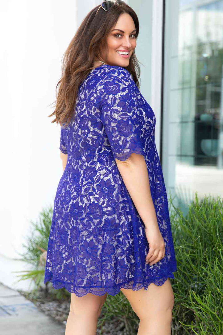 Plus Size Lace Detail Short Sleeve Round Neck Mini Dress |1mrk.com