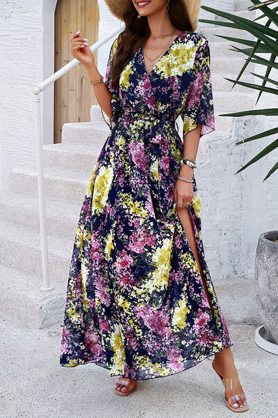 Printed Tied Half Sleeve Slit Dress |1mrk.com