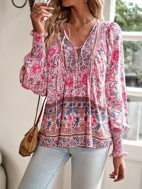 Bohemian Tie Neck Lantern Sleeve Blouse | 1mrk.com