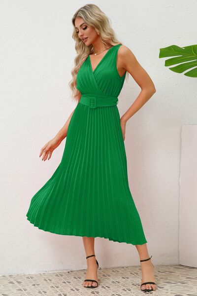 Surplice Sleeveless Midi Pleated Dress |1mrk.com