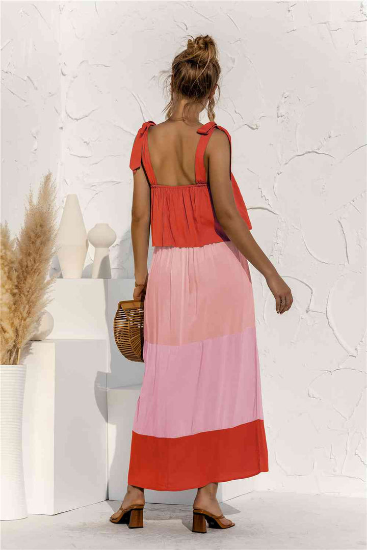 Color Block Tie Shoulder Tiered Sleeveless Dress |1mrk.com