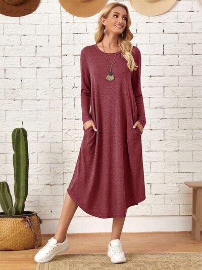 Pocketed Round Neck Long Sleeve Tee Dress | Trendsi