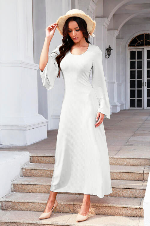 Tie Back Ribbed Round Neck Long Sleeve Dress | 1mrk.com