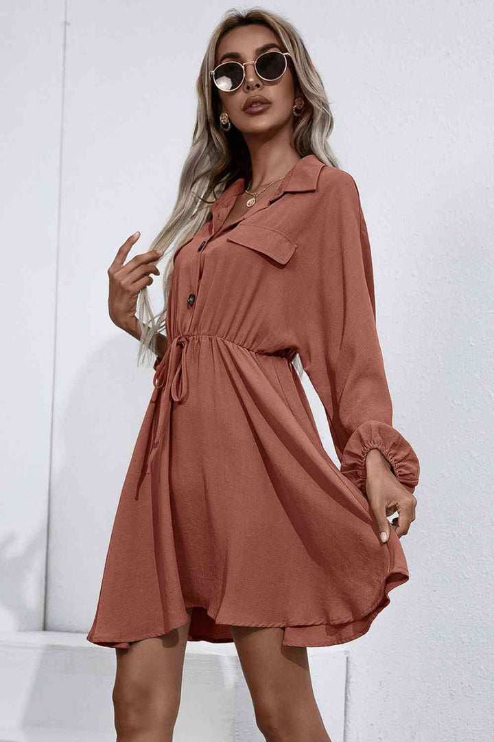 Collared Tie Waist Button Up Shirt Dress |1mrk.com