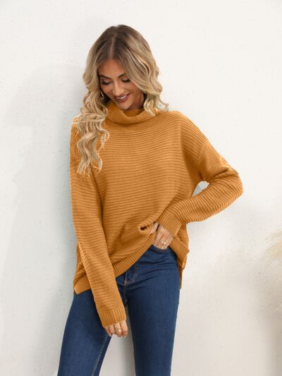 Slit Turtleneck Dropped Shoulder Sweater |1mrk.com