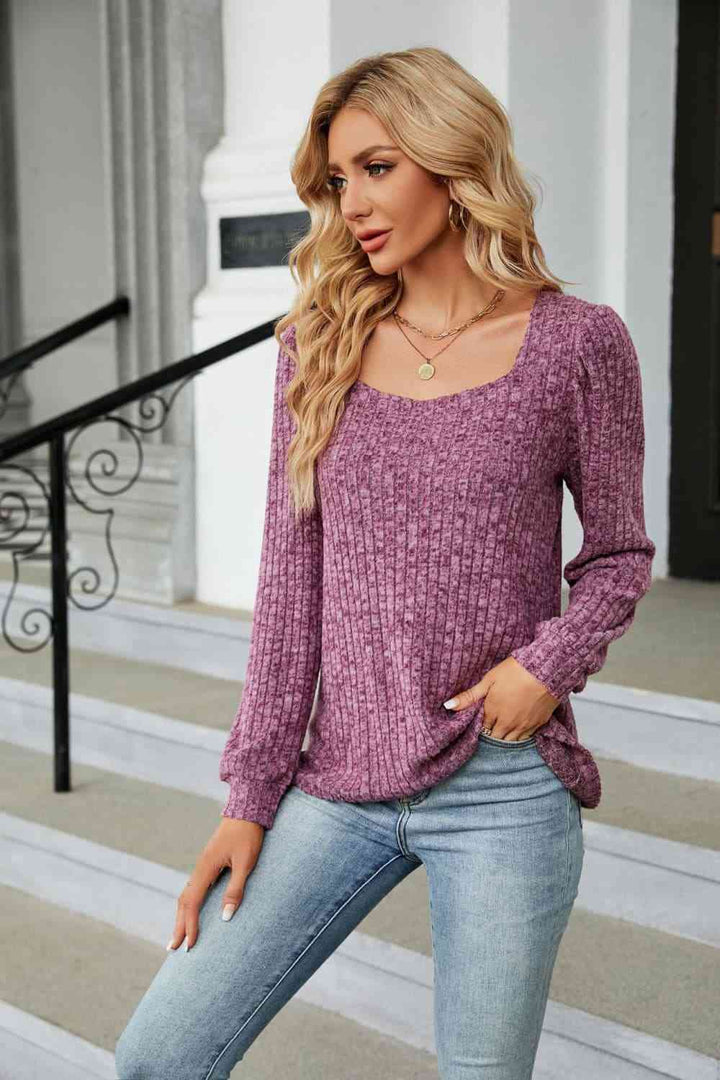 Ribbed Square Neck Long Sleeve T-Shirt | 1mrk.com