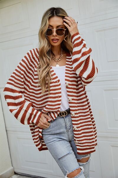 Striped Button Up Long Sleeve Cardigan |1mrk.com