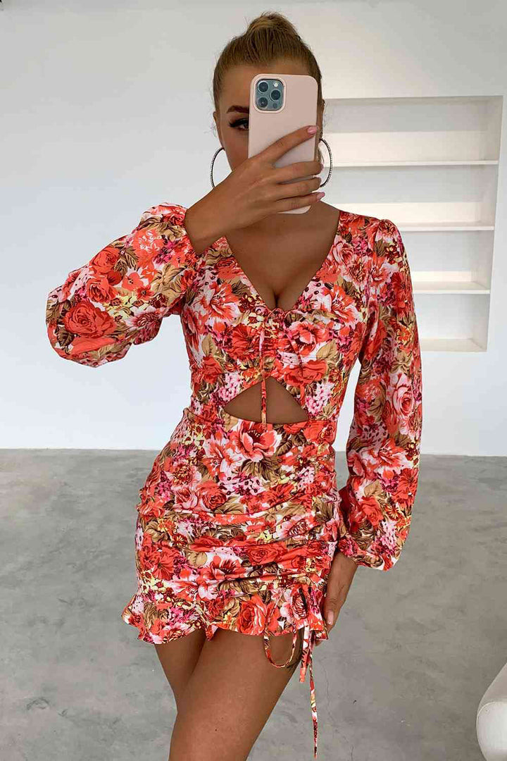 Floral Cutout Long Sleeve Mini Dress | 1mrk.com