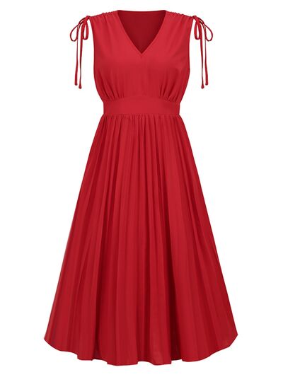 Pleated V-Neck Sleeveless Midi Dress |1mrk.com