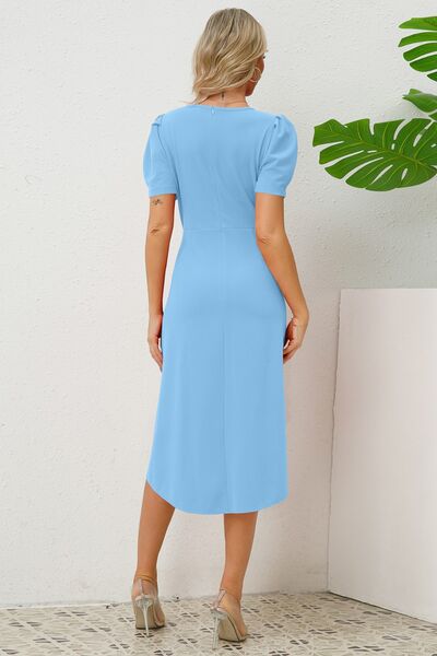 Slit Ruched Round Neck Puff Sleeve Dress |1mrk.com