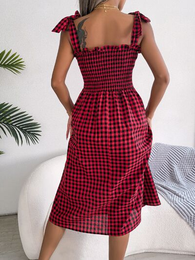 Frill Plaid Square Neck Midi Dress |1mrk.com