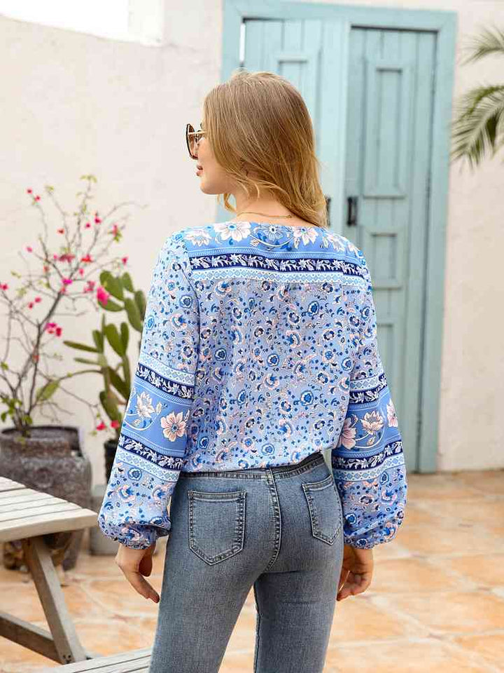 Full Size Bohemian Round Neck Balloon Sleeve Shirt |1mrk.com