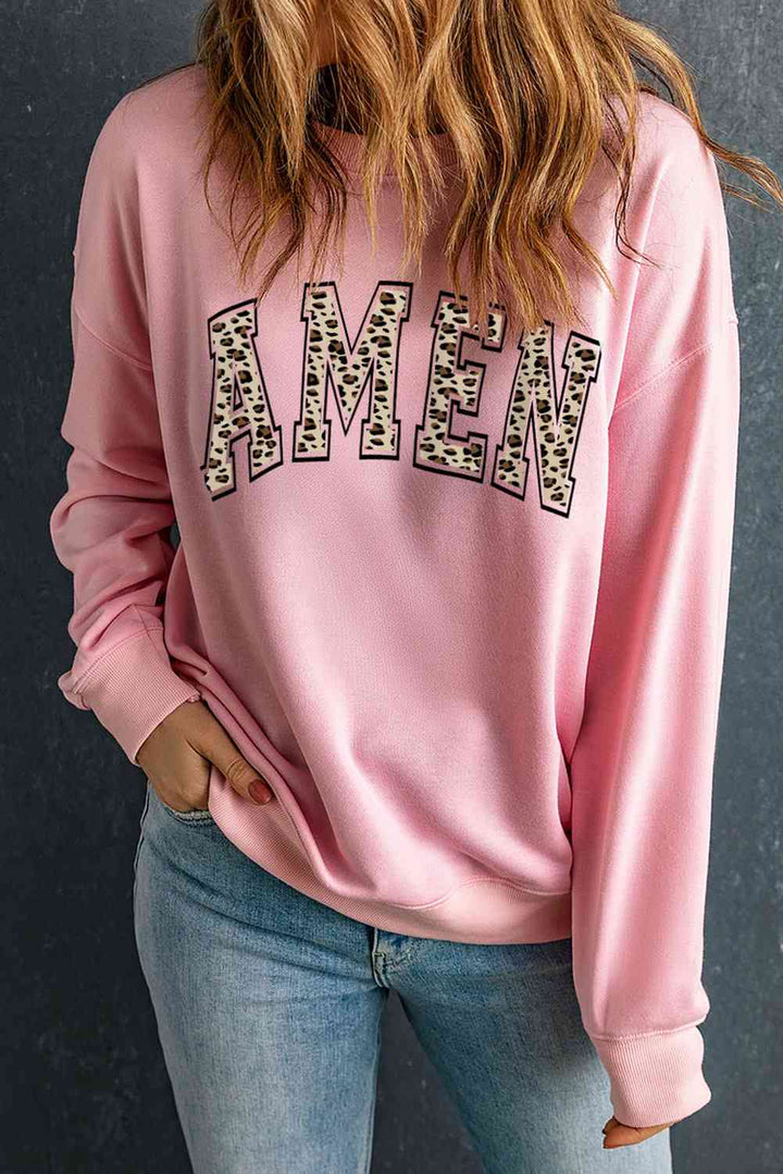 Round Neck Dropped Shoulder AMEN Graphic Sweatshirt |1mrk.com