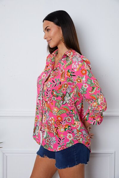 Floral Button Up Flounce Sleeve Shirt | 1mrk.com