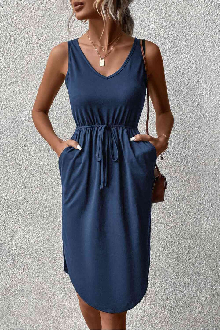 V-Neck Curved Hem Sleeveless Dress |1mrk.com