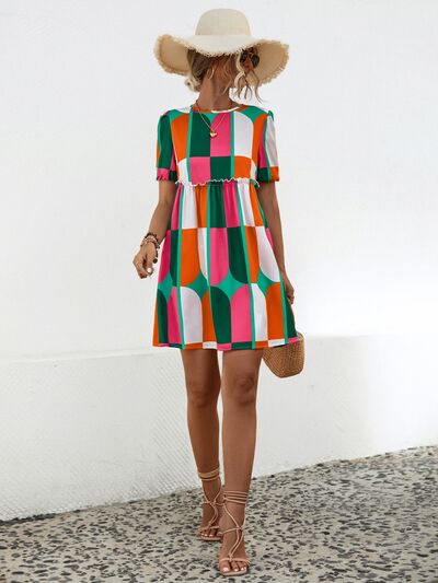 Geometric Frill Round Neck Short Sleeve Dress |1mrk.com