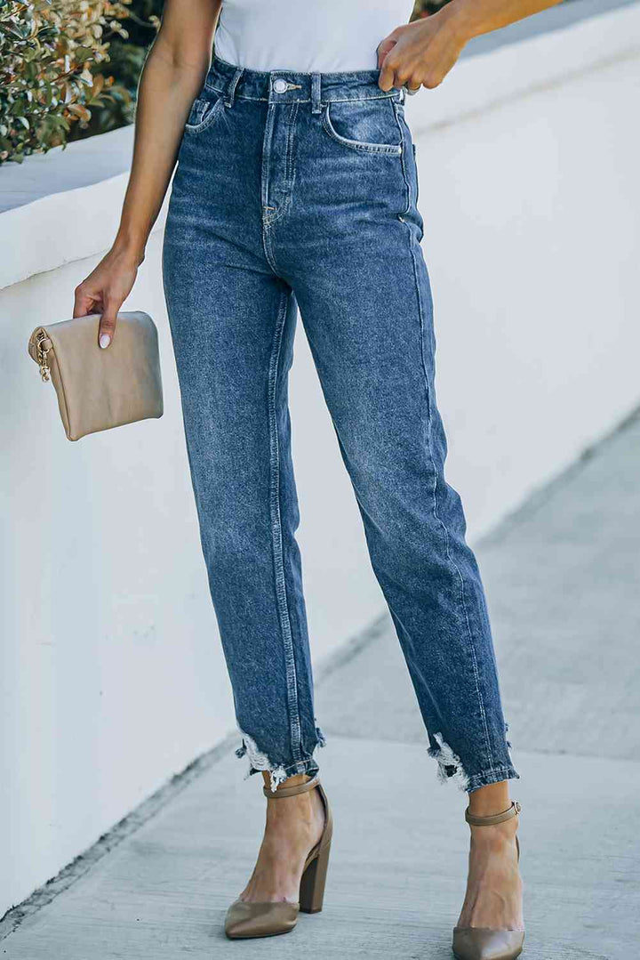 Ripped Ankle Straight Jeans with Pockets | 1mrk.com