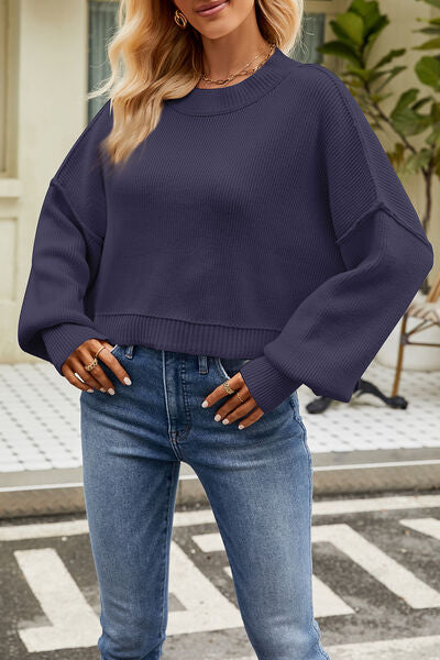 Round Neck Dropped Shoulder Sweater |1mrk.com