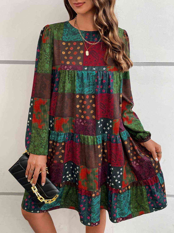 Patchwork Round Neck Long Sleeve Dress | 1mrk.com