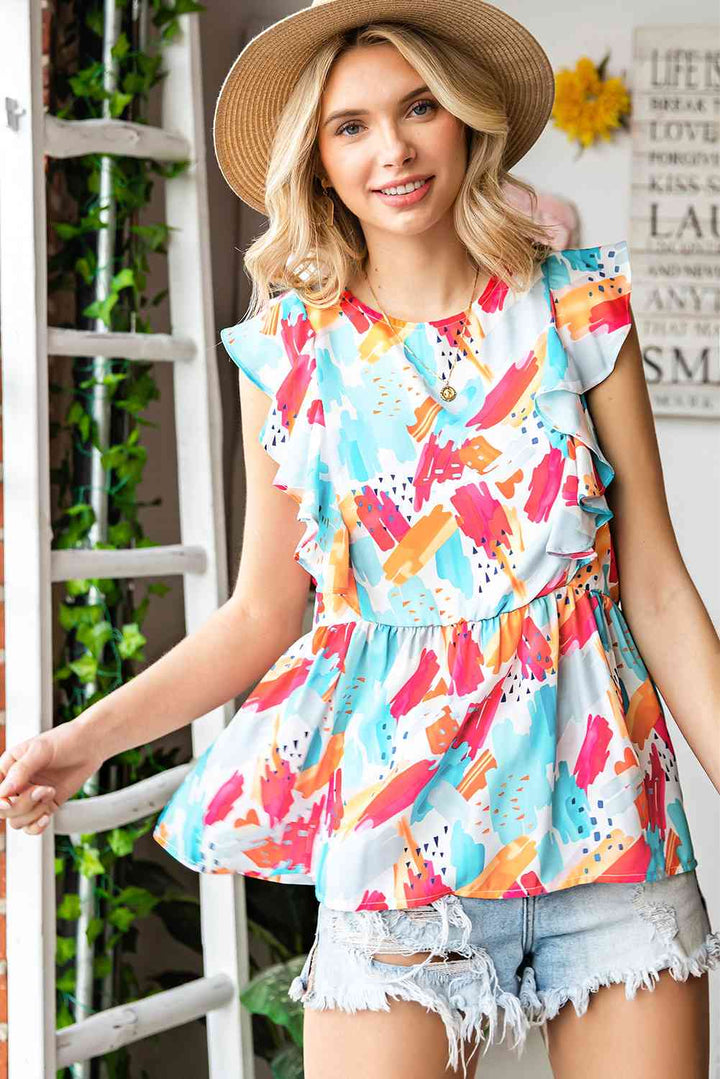 Printed Round Neck Ruffled Peplum Top | 1mrk.com