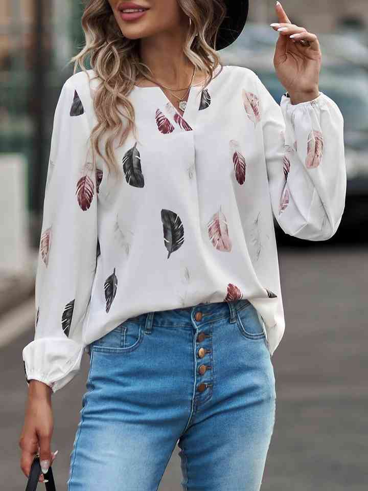 Printed Notched Neck Long Sleeve Blouse | 1mrk.com