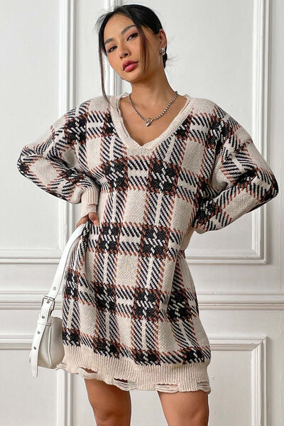 Plaid V-Neck Long Sleeve Sweater Dress | 1mrk.com