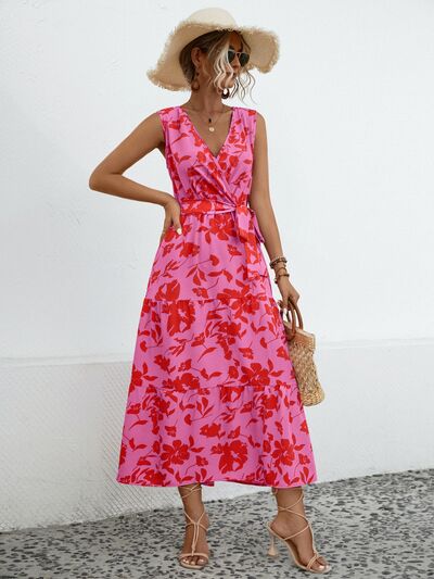 Tied Printed Surplice Tiered Dress |1mrk.com