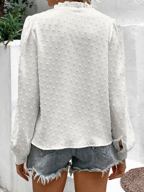 Double Take Swiss Dot Lace Trim Long Sleeve Shirt |1mrk.com