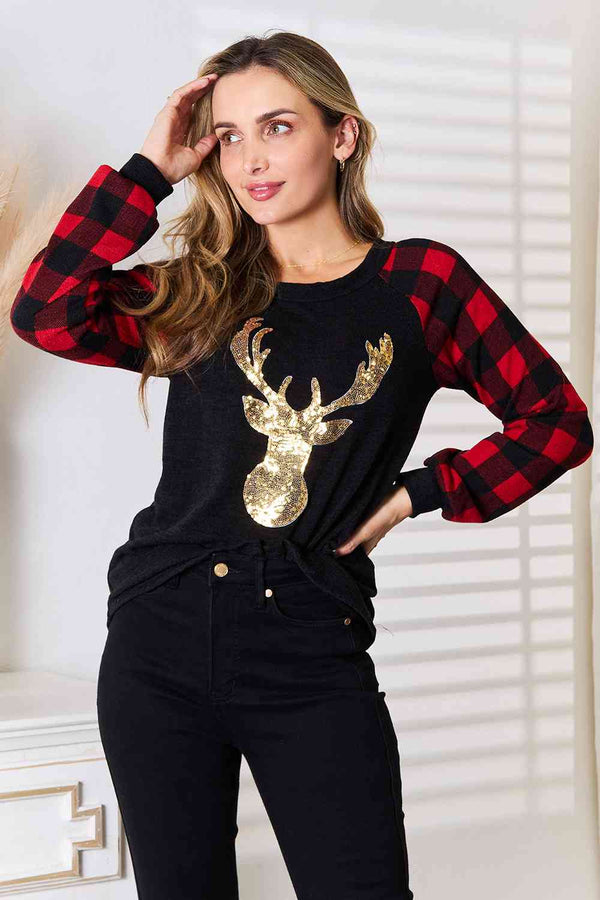 Heimish Full Size Sequin Reindeer Graphic Plaid Top | 1mrk.com