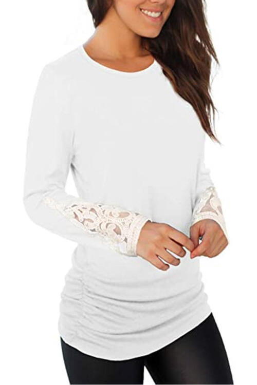 Lace Detail Long Sleeve Round Neck T-Shirt | 1mrk.com