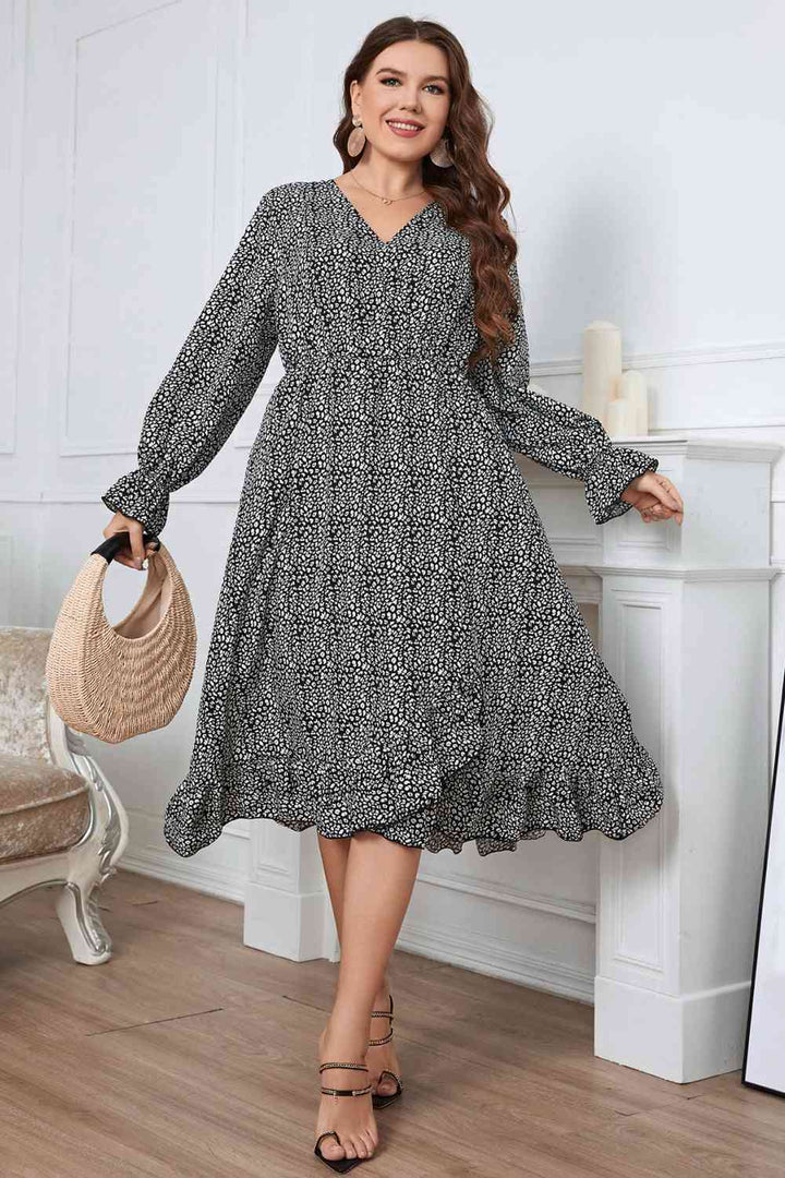 Melo Apparel Plus Size Printed V-Neck Flounce Sleeve Midi Dress |1mrk.com